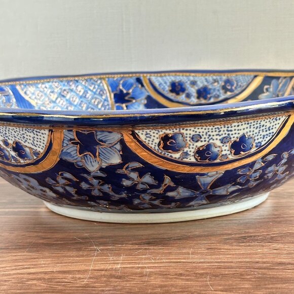 Vintage Cobalt Blue Porcelain Bowl, Floral Gold Gilt Imari Style, Made in China - Picture 2 of 11